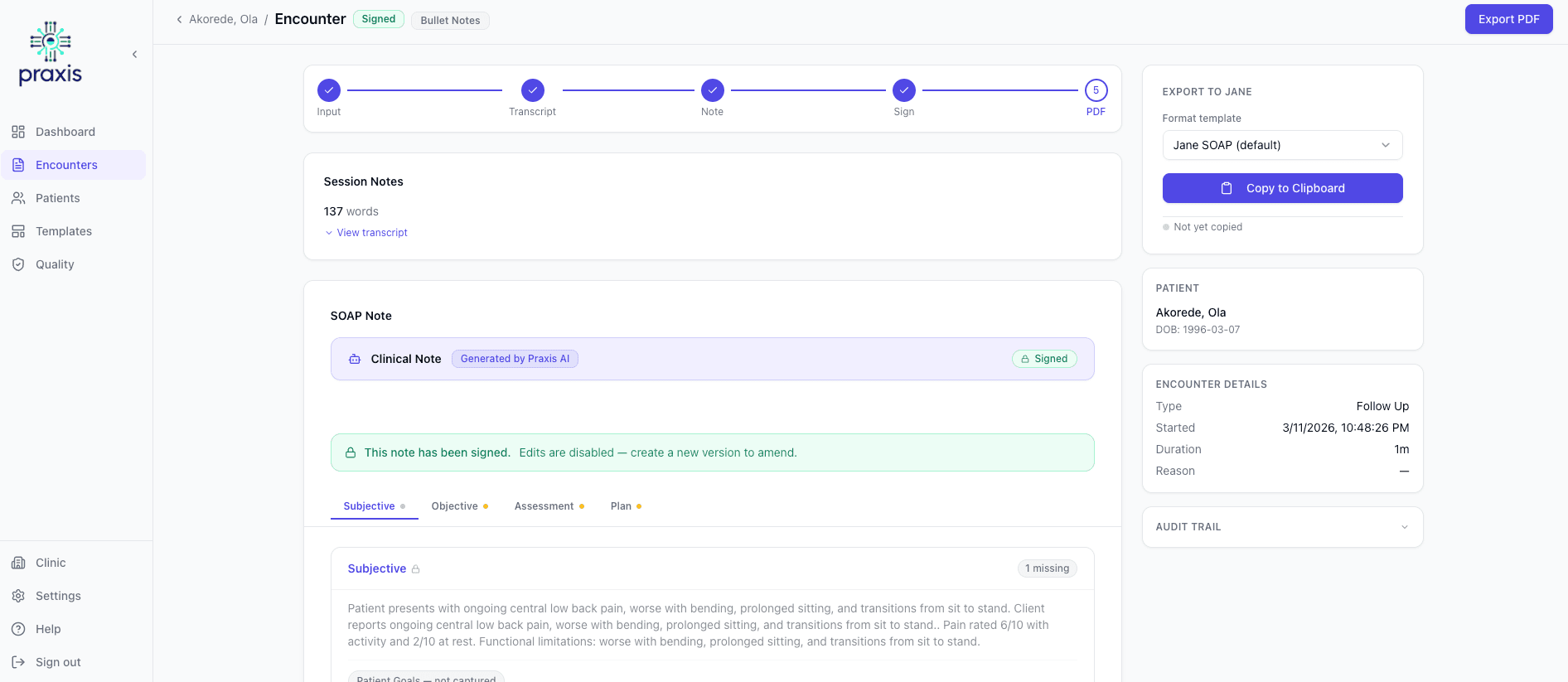 Praxis workflow — from recording to signed note